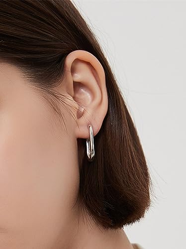 Sterling Silver Long Plain Shiny Oval Square Hoop Cuff Drop Earrings 26mm 2 Tones Rhodium / 18K Gold