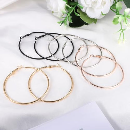 4 Pairs Stainless Steel Big Hoop Earrings for Women Gold Silver Rose Gold Black 2.3 Inch Large Circle Hoop Earrings