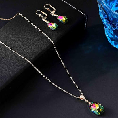 Austrian Crystals Teardrop Pendant Necklace Earrings for Women 14K Gold Plated Hypoallergenic Leverback Drop Dangle Earrings Jewelry Set - color: Vitrail Medium