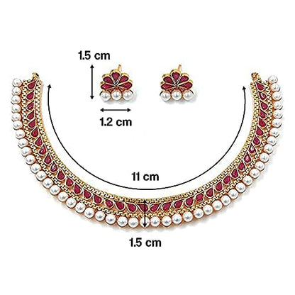 Aheli Ethnic Faux Kundan Pearl Fancy Bridal Choker Necklace Indian Traditional Bollywood Jewelry Set with Earrings Gift for Women - color: Red & White