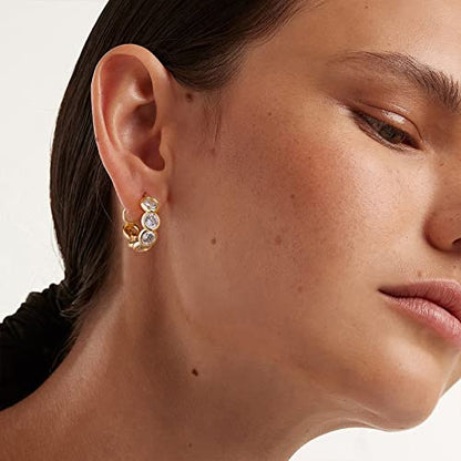 Huggie Hoop Earrings 14K Gold Plated Cubic Zirconia Dainty Simple Cute Beads Elegant CZ Circle Small Hoop Earring for Women Minimalist Handmade Hypoallergenic Jewelry - color: CZ-Row