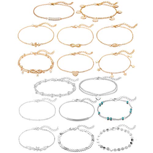 Softones 16Pcs Ankle Bracelets for Women Gold Silver Two Style Chain Beach Anklet Bracelet Jewelry Anklet Set,Adjustable Size - color: C:8-Gold 8-Silver