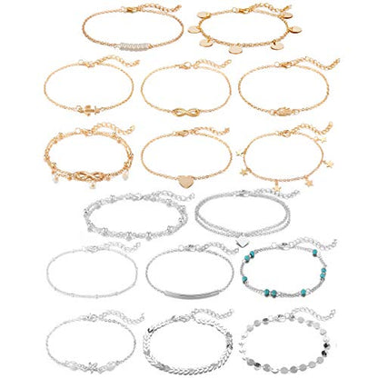 Softones 16Pcs Ankle Bracelets for Women Gold Silver Two Style Chain Beach Anklet Bracelet Jewelry Anklet Set,Adjustable Size - color: C:8-Gold 8-Silver