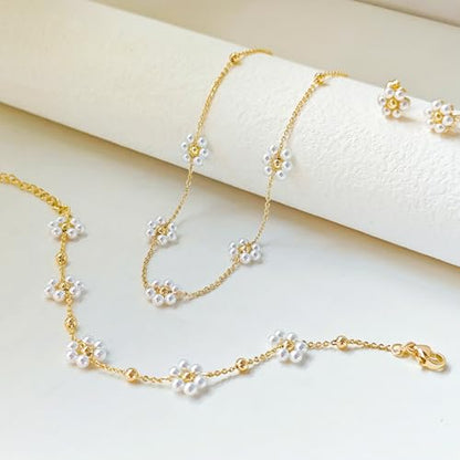 Zeffy Gold Pearl Necklace for Women, Dainty 14K Gold/Silve Plated Layered Pearl Choker Pearl Earrings Pearl Bracelets Wedding Trendy Gold Jewelry Set for Women Gifts - style: Gold Daisy Pearl Necklace Set-3PCS