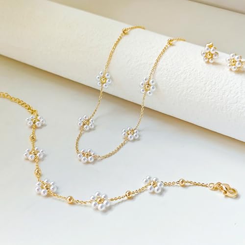 Zeffy Gold Pearl Necklace for Women, Dainty 14K Gold/Silve Plated Layered Pearl Choker Pearl Earrings Pearl Bracelets Wedding Trendy Gold Jewelry Set for Women Gifts - style: Gold Daisy Pearl Necklace Set-3PCS