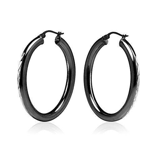 Hoops & Loops 925 Sterling Silver 4mm Thick Oval Diamond-Cut Hoop Earrings, 25mm 30mm, Silver, Yellow Gold, Rose Gold & Black - color: Black 30mm-1.2''