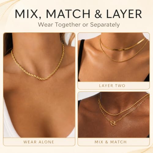 Freekiss 3-Piece Layered Toggle Necklace for Women | Gold/Silver necklace set with herringbone, rope, and paperclip chains plus a toggle clasp for layering, parties, and gifts - color: 3-Layered Paperclip Gold