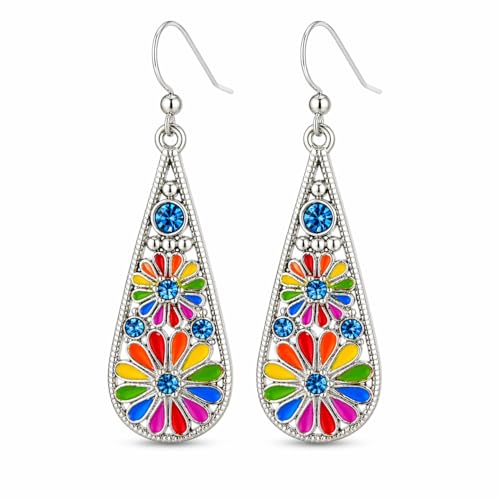 Bohemian Crystal Teardrop Dangle Earrings, Copper, Tribal Geometric Design, Handmade National Style for Women - color: Rainbow