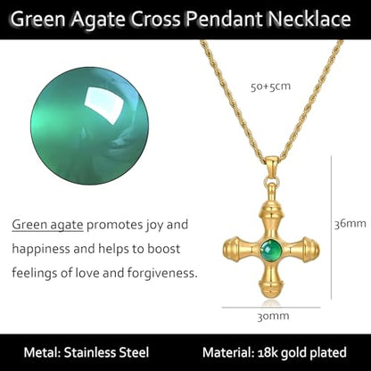 NUZON Sunburst Heart / 2-Tone Interlocking/CZ Evil Eye/Single Pearl/Love Heart Pendant Necklace for Women 14K Gold Chain Necklace Chunky Statement Jewelry - color: Green Agate Cross