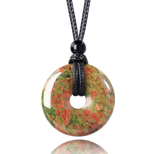 FANASY Natural Gemstone Pendant Necklce Lucky Coin Crystal Necklace Protection Donut Pendnat with Adjustable Rope for Men Women - color: Unakite