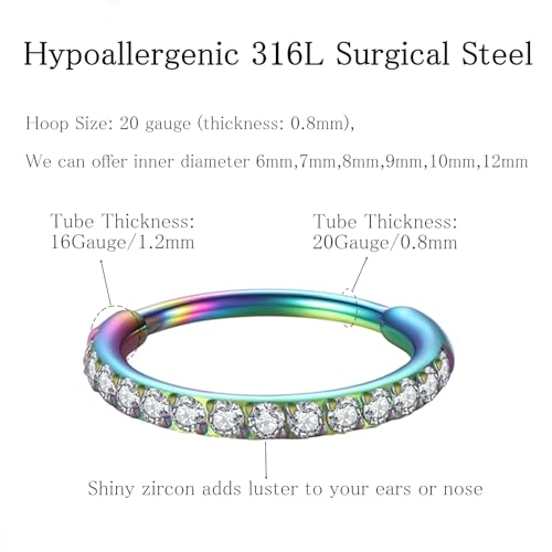 ORANGELOVE 20G 18G 16G Clear CZ Nose Ring Hoop 316L Surgical Steel Seamless Silver Septum Ring Clicker Jewelry Cartilage Earring Ear Piercing Hoop Earrings for Women Men Helix Rook Lobe Conch Tragus Daith Lip Hinged Piercing Jewelry with Cubic Zirconia -