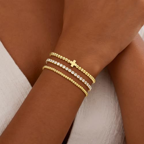 Turandoss Gold Bracelets for Women - Dainty 14K Gold Plated Tennis Bracelet | Stackable Cross Beaded Set, Twisted Rope Chain, Snake Paperclip Chain, Knot Cuff Bracelets for Women, Jewelry Gifts - color: Cross Beaded Set