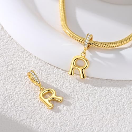 Hapour Gold Initial Letter Charms 925 Sterling Silver Alphabet Beads | 14K Gold Plated, A-Z Letter Charms, For Bracelets Necklace, Cubic Zirconia, DIY Dangle Pendant Beads, For Women Mom - color: Golden initial letter R