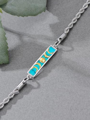 Waves/Tree of Life/Mushrooms/Moon Phase/Butterfly/Hummingbird Bracelet/Anklet 925 Sterling Silver Adjustable Abalone Shell Bar Bracelet/Anklet Summer Jewelry Gifts for Women - color: Moon Phase-Turquoise, size: Bracele 7"+2"
