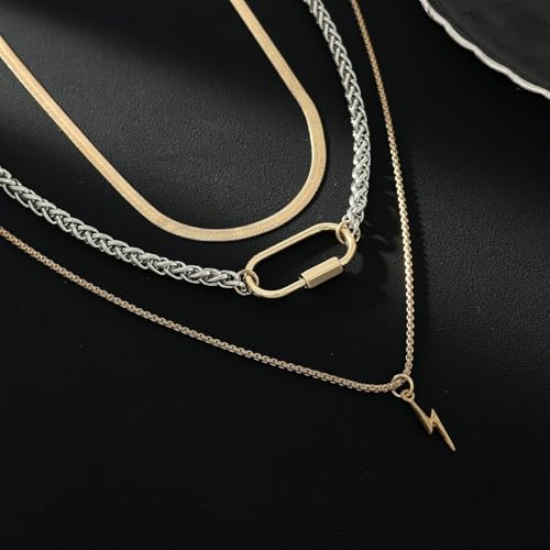 Gold Layered Necklace for Women Chunky Stacked Chain Link Paperclip Evil Eye Necklace Trendy Punk Jewelry - color: Silver C