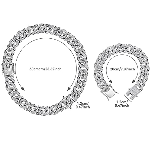 Hicarer 2 Pieces Cuban Link Chain for Men Women Cuban Necklace Bracelet Heavy Strong Link Chain Bling Unisex - color: Silver, size: 23.62 Inch, 7.87 Inch