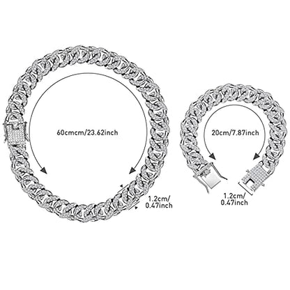 Hicarer 2 Pieces Cuban Link Chain for Men Women Cuban Necklace Bracelet Heavy Strong Link Chain Bling Unisex - color: Silver, size: 23.62 Inch, 7.87 Inch