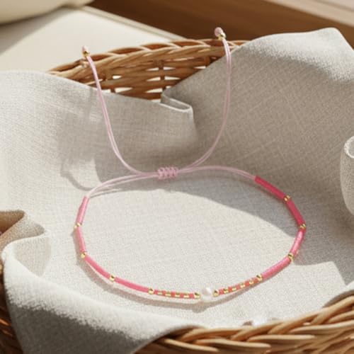Boho Colorful Glass Gold Plated Seed Beaded Bracelets or Women, Handmade Romantic Freshwater Pearl Adjustable String Braided Rope Jewelry, Summer Beach Daily Party Friendship Gift - color: Pink