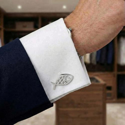 Men’s Abstract Fish Cufflinks – Stainless Steel Nautical-Themed Cuff Links with Gift Box & Polishing Cloth – Available in Silver & Gold - color: steel