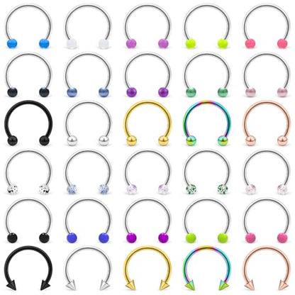 20/18/16/14G Horseshoe Septum Nose Lip Rings Smile Piercings 6/8/10/12/14/16mm Cartilage Helix Daith Earrings Surgical Steel Jewelry for Women Men - size: 16g*1/2in(12mm)