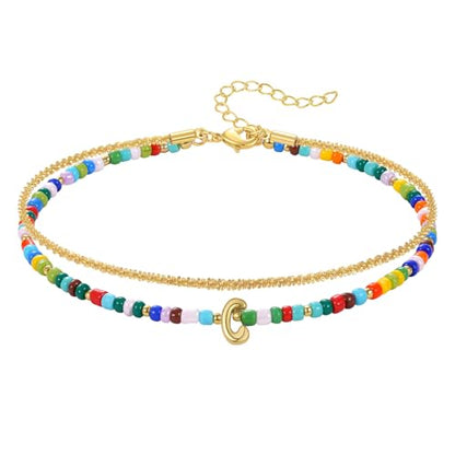 KissYan Initial Ankle Bracelets for Women | Layered Colorful Beaded Anklet with 14K Gold Chain, Waterproof Dainty Jewelry Gift for Summer Beach - style: C