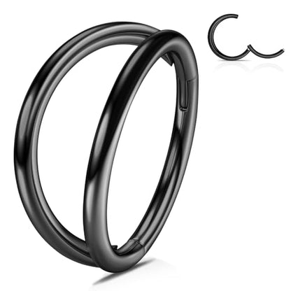 WBRWP 316L Stainless Steel Nose Hoop Rings Clicker with Zircon/Opal 14g-20g | Hypoallergenic Nose Rings Segment Clicker Lip Rings Cartilage Rook Conch Earrings Diameter 5mm-10mm - color: Double hoop black ring
