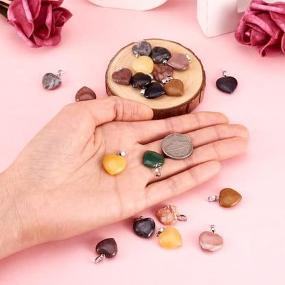 20Pcs Heart Shaped Stone Pendants 15 Styles Healing Crystal Chakra Gemstone Rock Necklace Charms for Jewelry Making Hole: 2x5mm - color: 1-Mixed Color-Heart-Random 20pcs