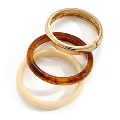 Chunky Gold Bangle Bracelets for Women, Dainty 14k Gold Plated Big Stackable Bangles Set, Trendy Statement Cuff Bracelet Stack Fashion Jewelry Gifts - style: 3 Brown resin bangles