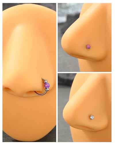 Jewseen 5Pcs Stainless Steel Nose Rings Hoops 20g Opal Nose Studs L Shaped Nose Rings Nose Piercing Jewelry Cartilage Hoop Helix Tragus Daith Earrings for Women - color: purple