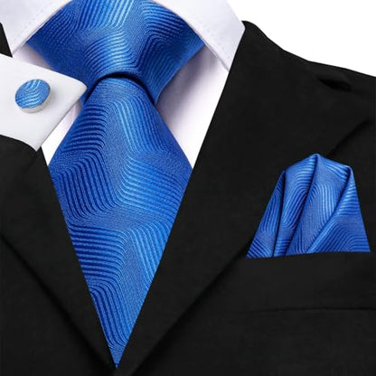 Dubulle Mens Paisley Striped Tie Woven Necktie for Men and Handkerchief Cufflinks Set Wedding Formal Business - color: Blue Royal Blue