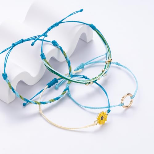 Sunflower Friendship Bracelets Boho Stackable String Bracelets Cute Trendy Gifts for Teen Girls Women - color: Green Blue