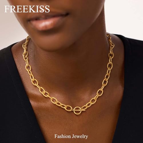 Freekiss 3-Piece Layered Toggle Necklace for Women | Gold/Silver necklace set with herringbone, rope, and paperclip chains plus a toggle clasp for layering, parties, and gifts - color: Toggle Style1 Gold