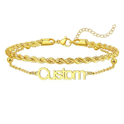 U7 Custom Layered Ankle Bracelets for Women Stainless Steel Bead/Cuban/Figaro/Rope/Wheat Chain Anklet Waterproof Anklet Jewelry for Beach Vacation - color: a-Gold Plated-Rope Chain
