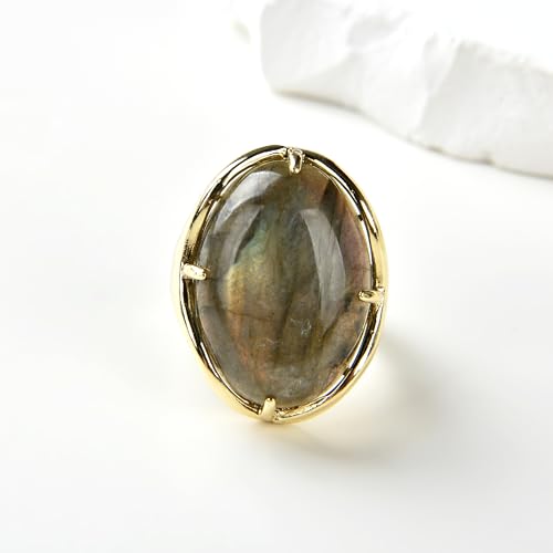Natural Stone Adjustable Finger Rings Semi Precious Oval Shaped Gemstone Jewelry For Women Anniversary Birthday Wedding Gift - color: Grey Labradorite
