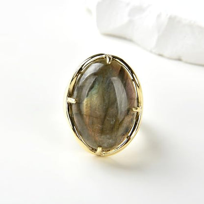Natural Stone Adjustable Finger Rings Semi Precious Oval Shaped Gemstone Jewelry For Women Anniversary Birthday Wedding Gift - color: Grey Labradorite