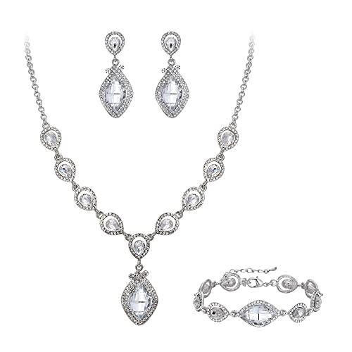 EVER FAITH Bridal Wedding Crystal Marquise Teardrop Pendant Necklace Earrings Bracelet Set for Prom - color: Clear Silver-Tone