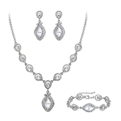 EVER FAITH Bridal Wedding Crystal Marquise Teardrop Pendant Necklace Earrings Bracelet Set for Prom - color: Clear Silver-Tone