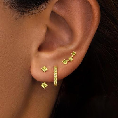 3 Pairs Dainty Small Earrings Set for Women Trendy, Birthstone Stud Huggie Hoop Jacket Stack for Cartilage Helix, Gold Plated Hypoallergenic Cute Women Fashion Accessories Western Jewelry Gifts - color: 08Olive Green Created Peridot-Aug (Gold)