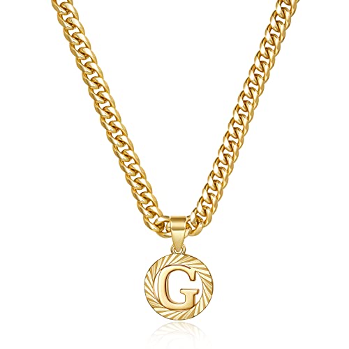 KissYan Initial Pendant Necklaces for Women Men | 14K Gold Filled/White Gold Plated, Hollow Round Letter Capital Monogram Charm with 5mm Cuban Chain, Alphabets from A-Z - color: Gold, style: G