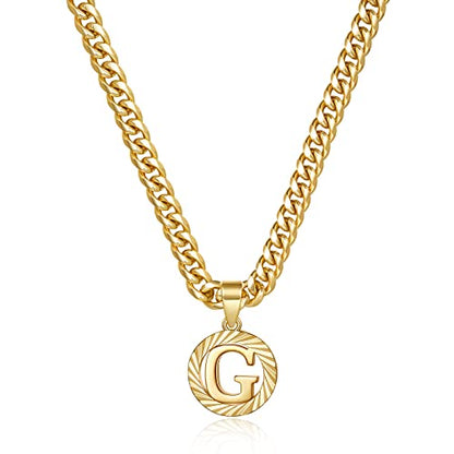 KissYan Initial Pendant Necklaces for Women Men | 14K Gold Filled/White Gold Plated, Hollow Round Letter Capital Monogram Charm with 5mm Cuban Chain, Alphabets from A-Z - color: Gold, style: G