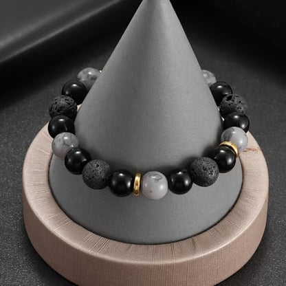 Natural Energy Stone Adjustable Bracelet Lucky Gift for Boyfriend Dad | Mixed agate/lava/picture stone, adjustable braided cord, energy protection as men’s holiday gift