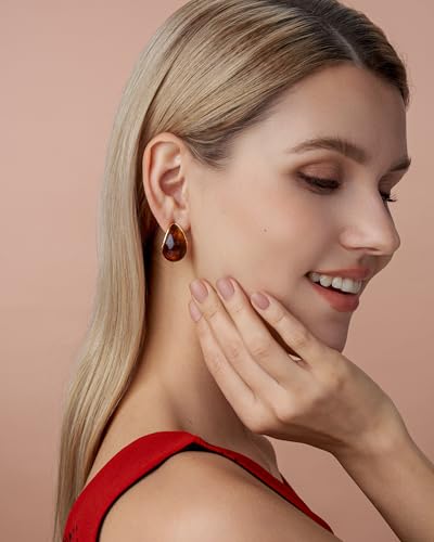 SNGIA Oval C Shape Chunky Dangle 18K Gold Plated Hoops with Colored Resin Gemstone Statement Earrings for Women by SNGIA, (Green, Brown, Blue, Pink, White, Cream), Long Bold Drop Handmade Exaggerated Irregular Trendy Bohemian Jewelry Gifts, Unique Danglin