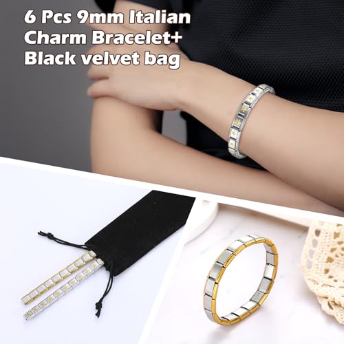 Huquary 6 Pcs Italian Charm Bracelets Shiny 9mm Starter 18 Links Stainless Steel Italian Bracelet Modular Links - color: Gold and Silver