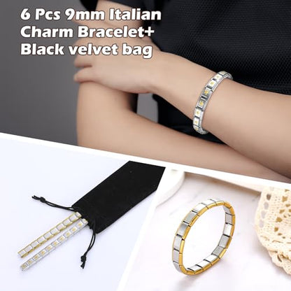 Huquary 6 Pcs Italian Charm Bracelets Shiny 9mm Starter 18 Links Stainless Steel Italian Bracelet Modular Links - color: Gold and Silver