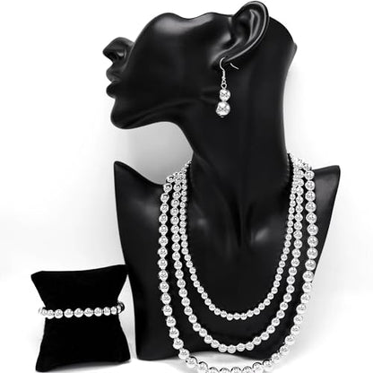 Cryshimmer Pearl Choker Necklace for Women Faux Pearl Beads Strand Necklace Earring Set Costume Jewelry,Gift for Wife Mother - color: Silver Set-3