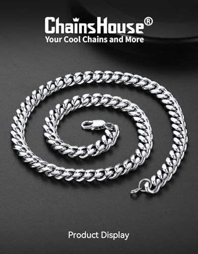 ChainsHouse Miami Cuban Link Chain Necklace for Men, Stainless Steel | 4.8/6/10/14mm Widths, Black/14K Gold Plated Finishes, Hip Hop Style, Daily Wear, Gift Box Included - color: Silver