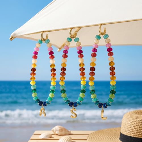 Chunky Beaded Bubble Initial Pendant Necklace Jewelry for Women | Big Large Bead Choker Letter Necklace Summer Beach Beachy Womens Statement Charm Gifts - color: Colorful S