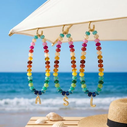 Chunky Beaded Bubble Initial Pendant Necklace Jewelry for Women | Big Large Bead Choker Letter Necklace Summer Beach Beachy Womens Statement Charm Gifts - color: Colorful S