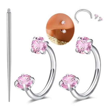 MODRSA Silver Gold Horseshoe Nose Ring 18g Double Gem Horse Shoe Nose Ring Hoop for Women Surgical Steel Half Hoop U Shape Tragus Earring Hoops Labret Lip Helix Piercing Jewelry Septum Rings 18 Gauge - color: C1- 18g Pink zircon -silver 2pcs