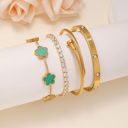 Gold Bracelets for Women, 18K Gold Plated Women Tennis Bracelets Clover Nail Love Bangle Bracelet Set, Gold Bracelet Stackable Set Trendy Jewelry, Gifts for Women's Day and Mother's Day - color: 07-Color-green
